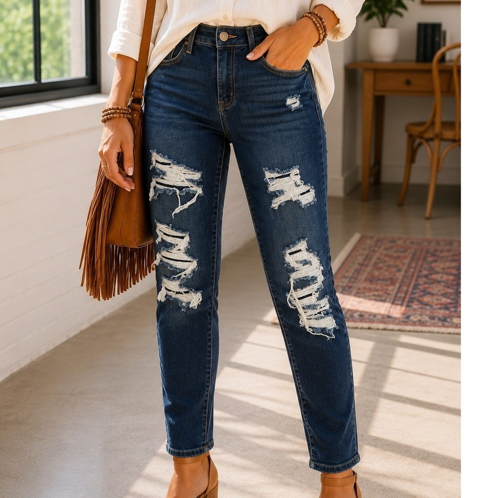 SO Goods For Life‎ Womens High Rise Jegging Dark Wash Distressed Ripped Jeans 7